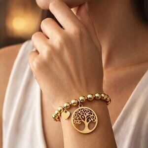24K Gold Plated Stainless Steel Beaded Bracelet Solid Tree Of Life Charm Boho